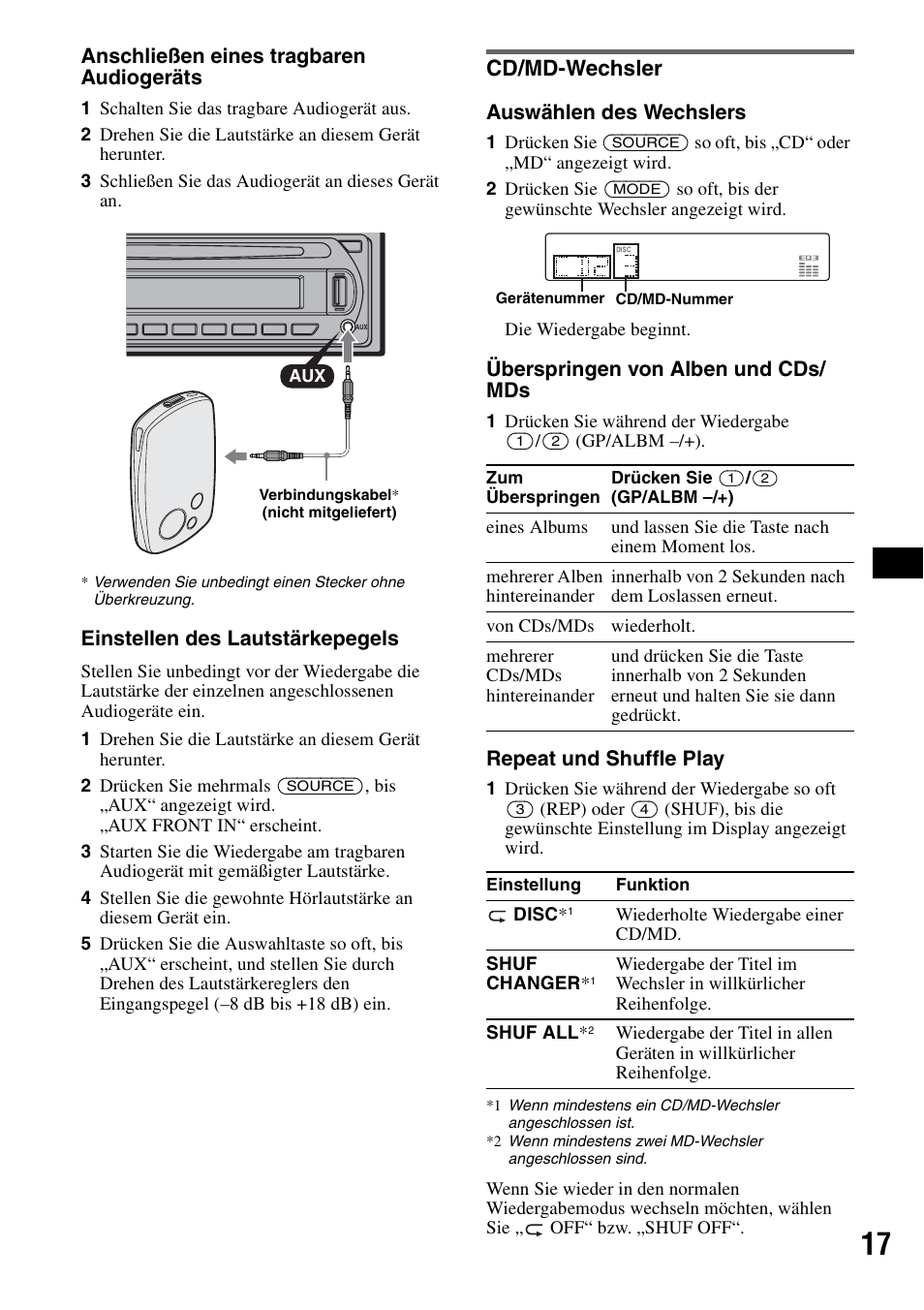 Cd/md-wechsler, F seite 17 | Sony CDX-GT50UI User Manual | Page 39 / 148