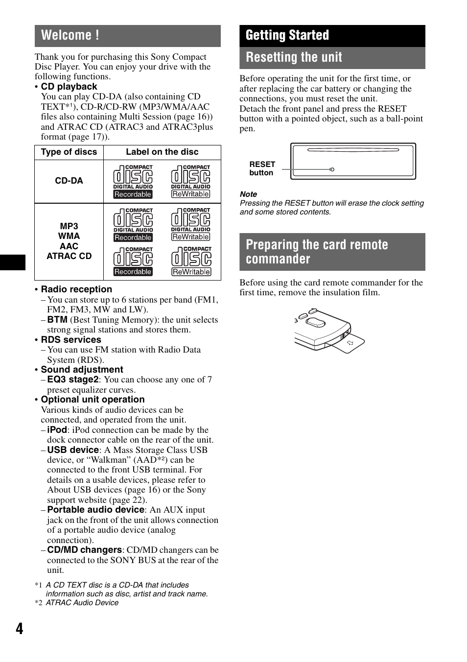 Welcome, Getting started, Resetting the unit | Preparing the card remote commander, Getting started resetting the unit | Sony CDX-GT50UI User Manual | Page 4 / 148