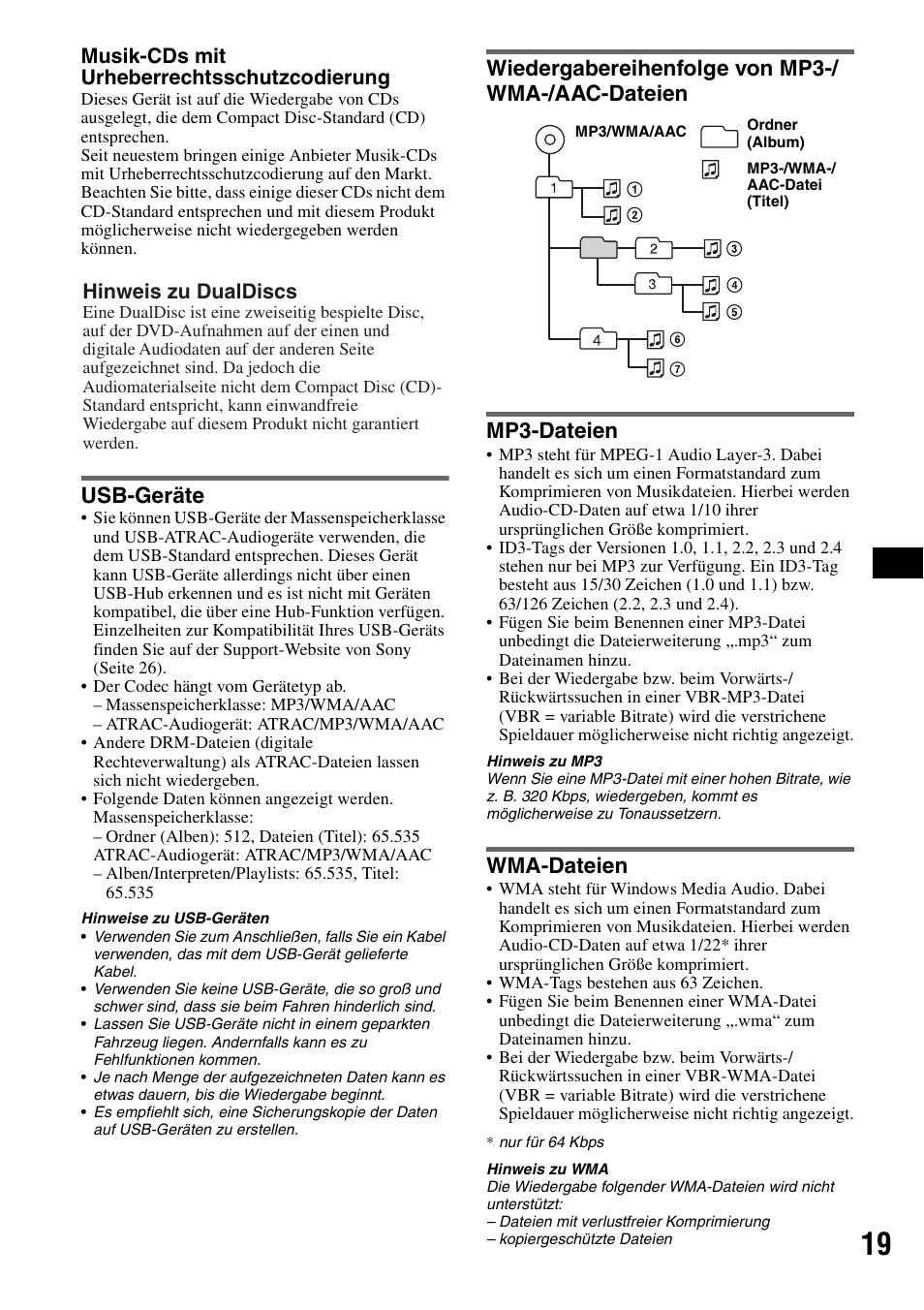 Usb-geräte, Wiedergabereihenfolge von mp3-/ wma-/aac-dateien, Mp3-dateien | Wma-dateien, Usb-geräte wiedergabereihenfolge von, Mp3-/wma-/aac-dateien mp3-dateien wma-dateien, Seite 19, Seite 19, e, Musik-cds mit urheberrechtsschutzcodierung, Hinweis zu dualdiscs | Sony CDX-GT50UI User Manual | Page 41 / 148