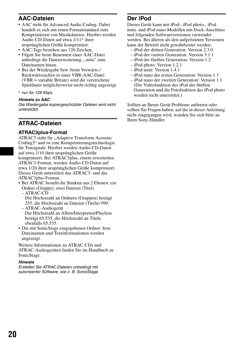 Aac-dateien, Atrac-dateien, Der ipod | Aac-dateien atrac-dateien der ipod, Seite 20)), Seite 20 | Sony CDX-GT50UI User Manual | Page 42 / 148