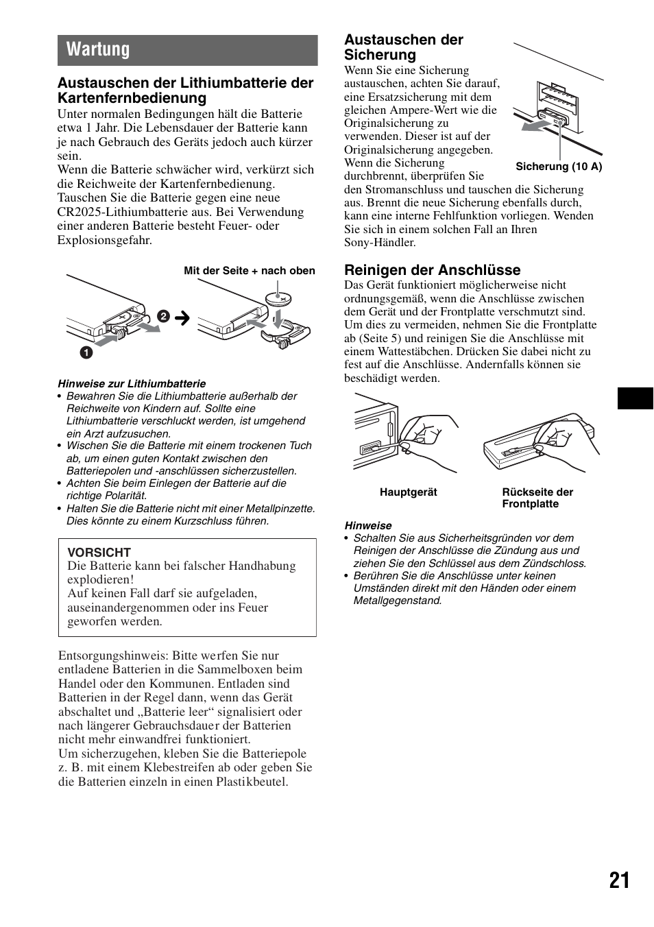 Wartung | Sony CDX-GT50UI User Manual | Page 43 / 148