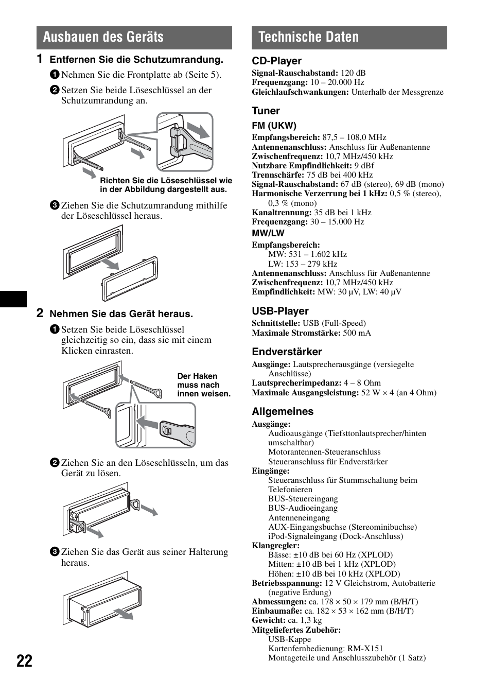 Ausbauen des geräts, Technische daten, Ausbauen des geräts technische daten | Sony CDX-GT50UI User Manual | Page 44 / 148