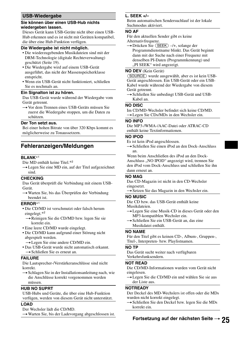 Fehleranzeigen/meldungen | Sony CDX-GT50UI User Manual | Page 47 / 148