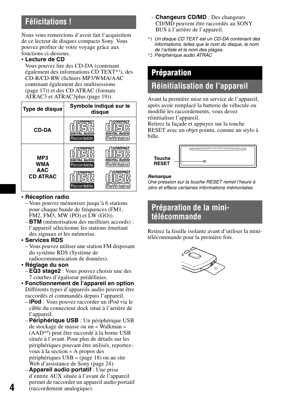 Félicitations, Préparation, Réinitialisation de l’appareil | Préparation de la mini- télécommande, Préparation réinitialisation de l’appareil | Sony CDX-GT50UI User Manual | Page 52 / 148