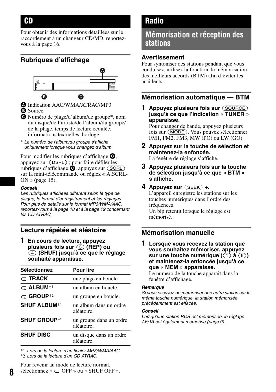 Rubriques d’affichage, Lecture répétée et aléatoire, Radio | Mémorisation et réception des stations, Mémorisation automatique - btm, Mémorisation manuelle, Rubriques d’affichage lecture répétée et aléatoire, Radio mémorisation et réception des stations | Sony CDX-GT50UI User Manual | Page 56 / 148
