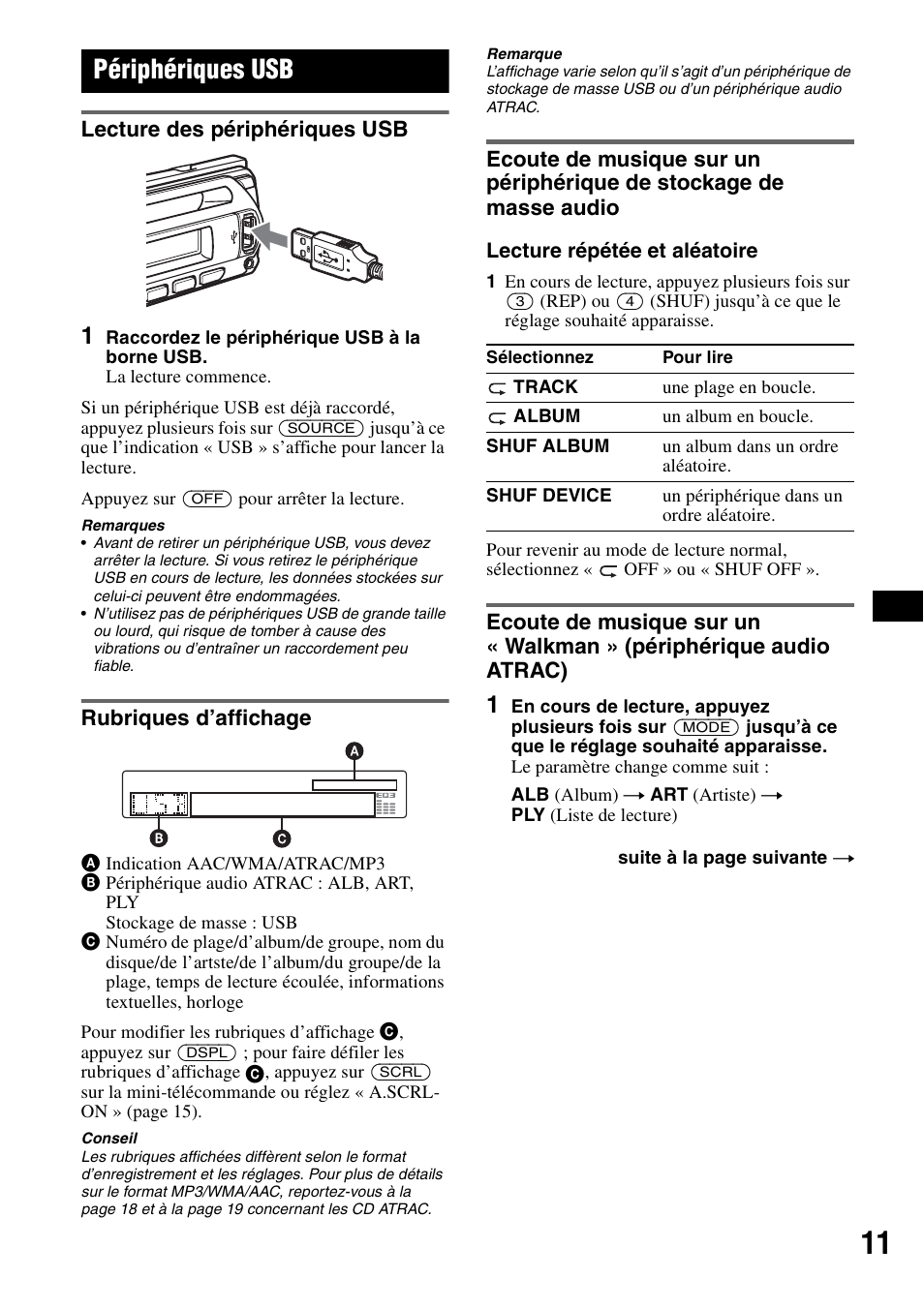 Périphériques usb, Lecture des périphériques usb, Rubriques d’affichage | Sony CDX-GT50UI User Manual | Page 59 / 148