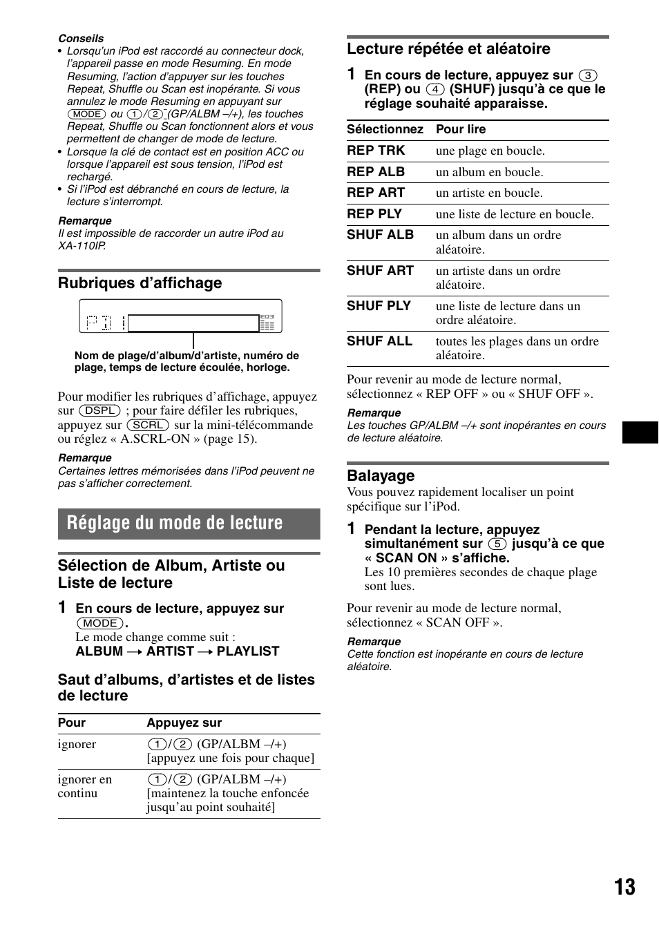 Rubriques d’affichage, Réglage du mode de lecture, Sélection de album, artiste ou liste de lecture | Lecture répétée et aléatoire, Balayage, Sélection de album, artiste ou liste de, Lecture lecture répétée et aléatoire balayage | Sony CDX-GT50UI User Manual | Page 61 / 148