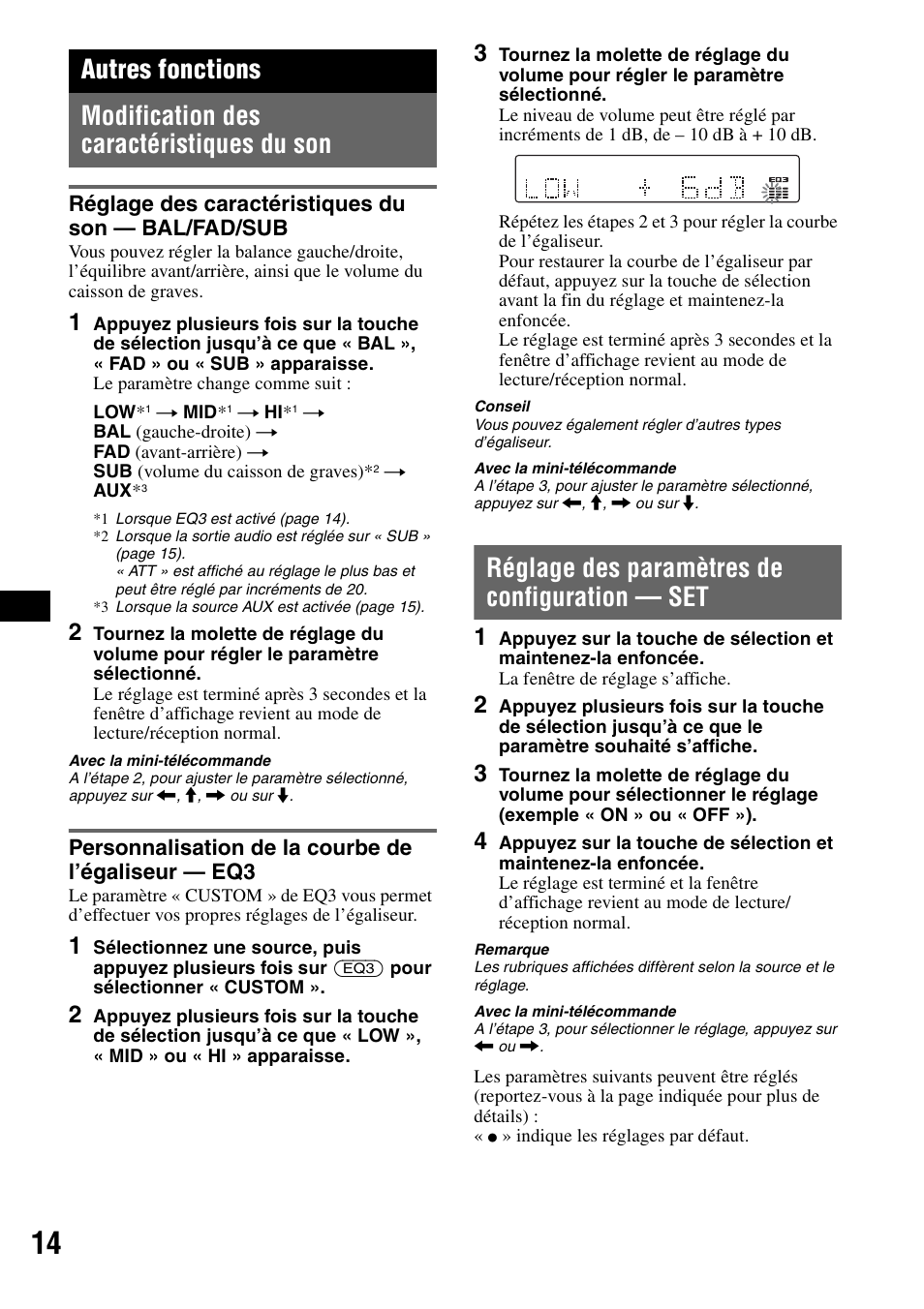 Autres fonctions, Modification des caractéristiques du son, Réglage des caractéristiques du son - bal/fad/sub | Personnalisation de la courbe de l’égaliseur - eq3, Réglage des paramètres de configuration - set, Réglage des caractéristiques du son, Réglage des paramètres de configuration, Réglage des paramètres de configuration — set | Sony CDX-GT50UI User Manual | Page 62 / 148