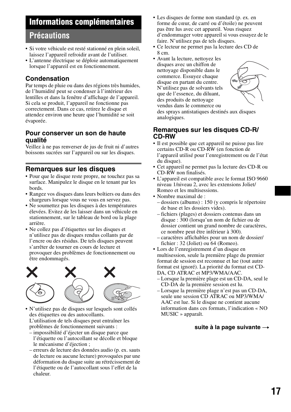 Informations complémentaires, Précautions, Remarques sur les disques | Informations complémentaires précautions | Sony CDX-GT50UI User Manual | Page 65 / 148
