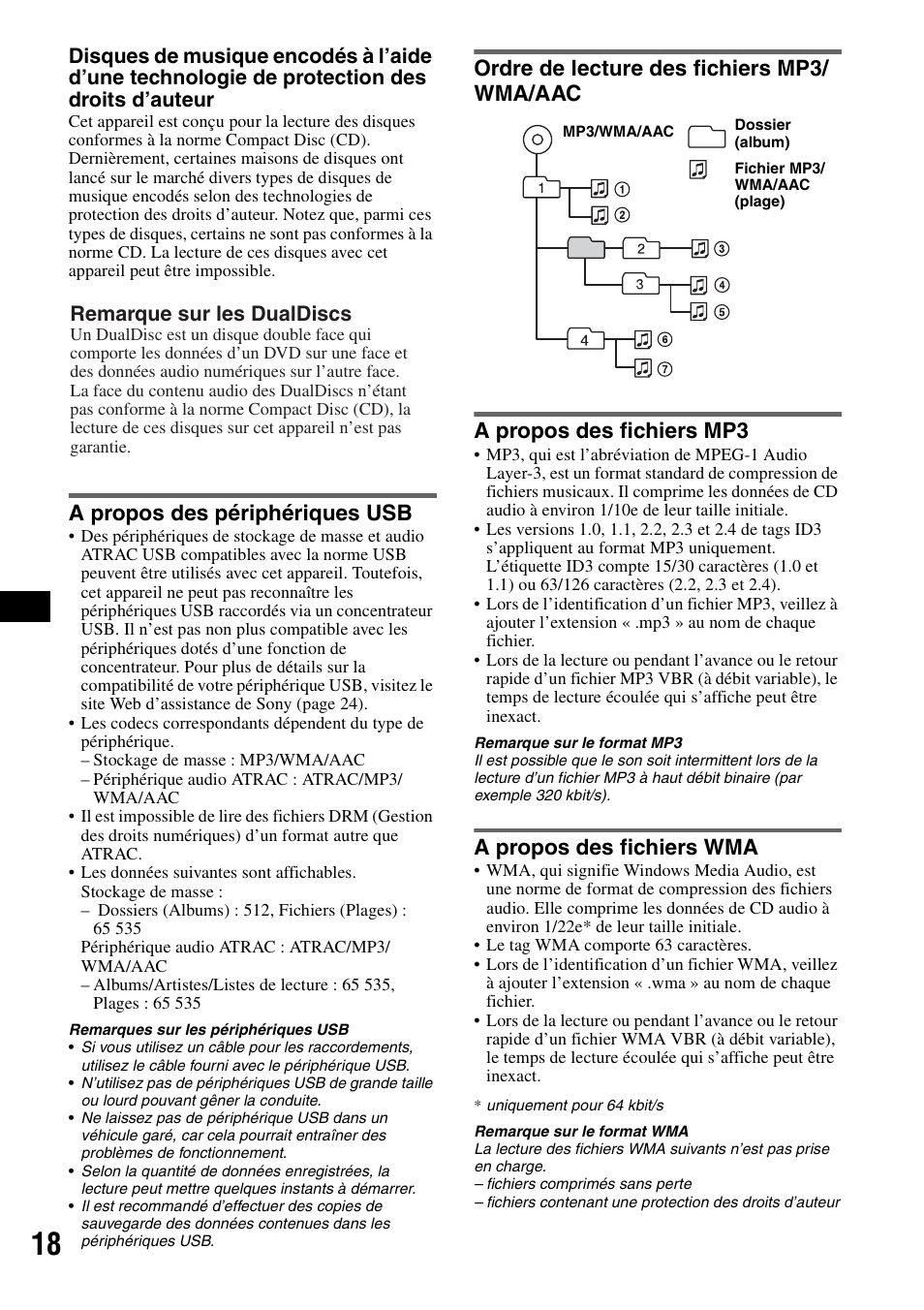 A propos des périphériques usb, Ordre de lecture des fichiers mp3/ wma/aac, A propos des fichiers mp3 | A propos des fichiers wma, Remarque sur les dualdiscs | Sony CDX-GT50UI User Manual | Page 66 / 148