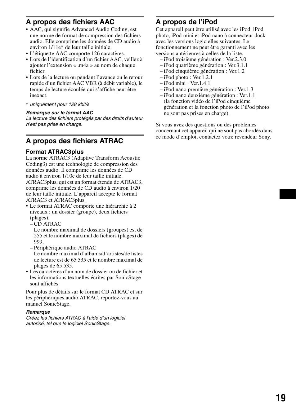 A propos des fichiers aac, A propos des fichiers atrac, A propos de l’ipod | Sony CDX-GT50UI User Manual | Page 67 / 148