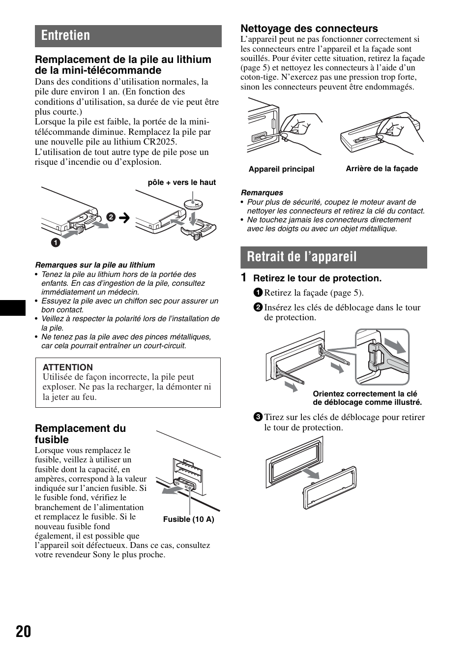 Entretien, Retrait de l’appareil, Entretien retrait de l’appareil | Sony CDX-GT50UI User Manual | Page 68 / 148