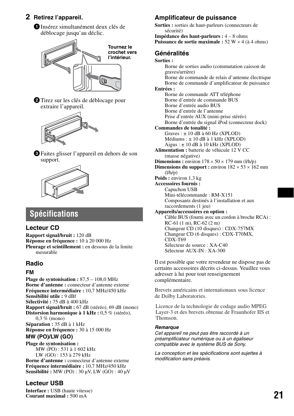 Spécifications | Sony CDX-GT50UI User Manual | Page 69 / 148