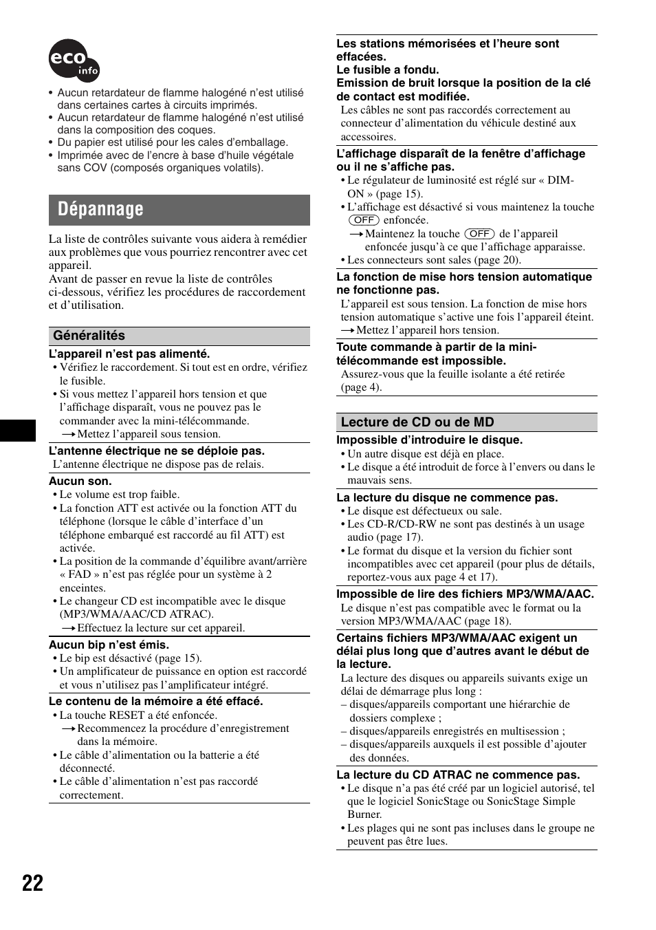 Dépannage | Sony CDX-GT50UI User Manual | Page 70 / 148