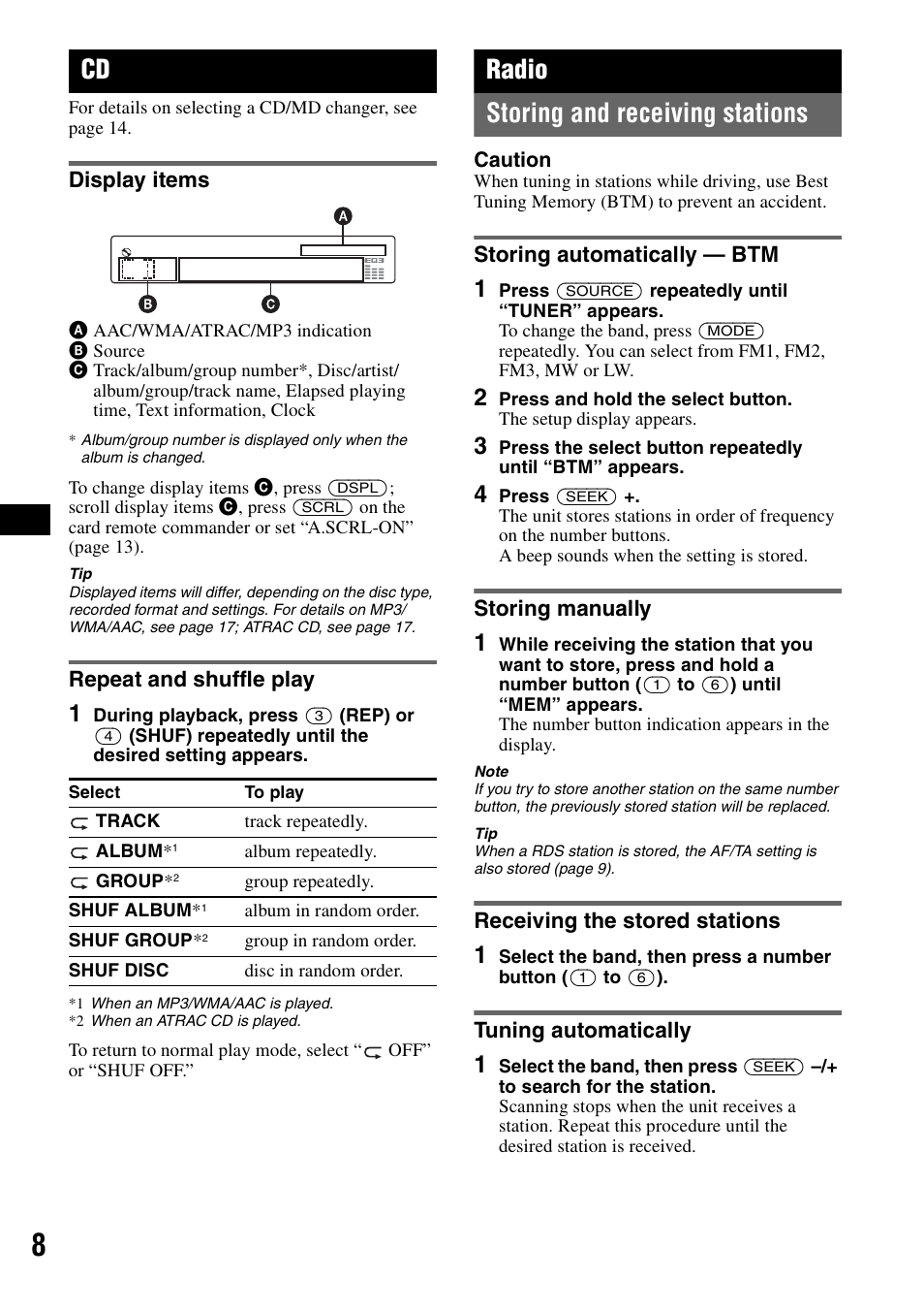 Display items, Repeat and shuffle play, Radio | Storing and receiving stations, Storing automatically - btm, Storing manually, Receiving the stored stations, Tuning automatically, Display items repeat and shuffle play, Ep 8 | Sony CDX-GT50UI User Manual | Page 8 / 148