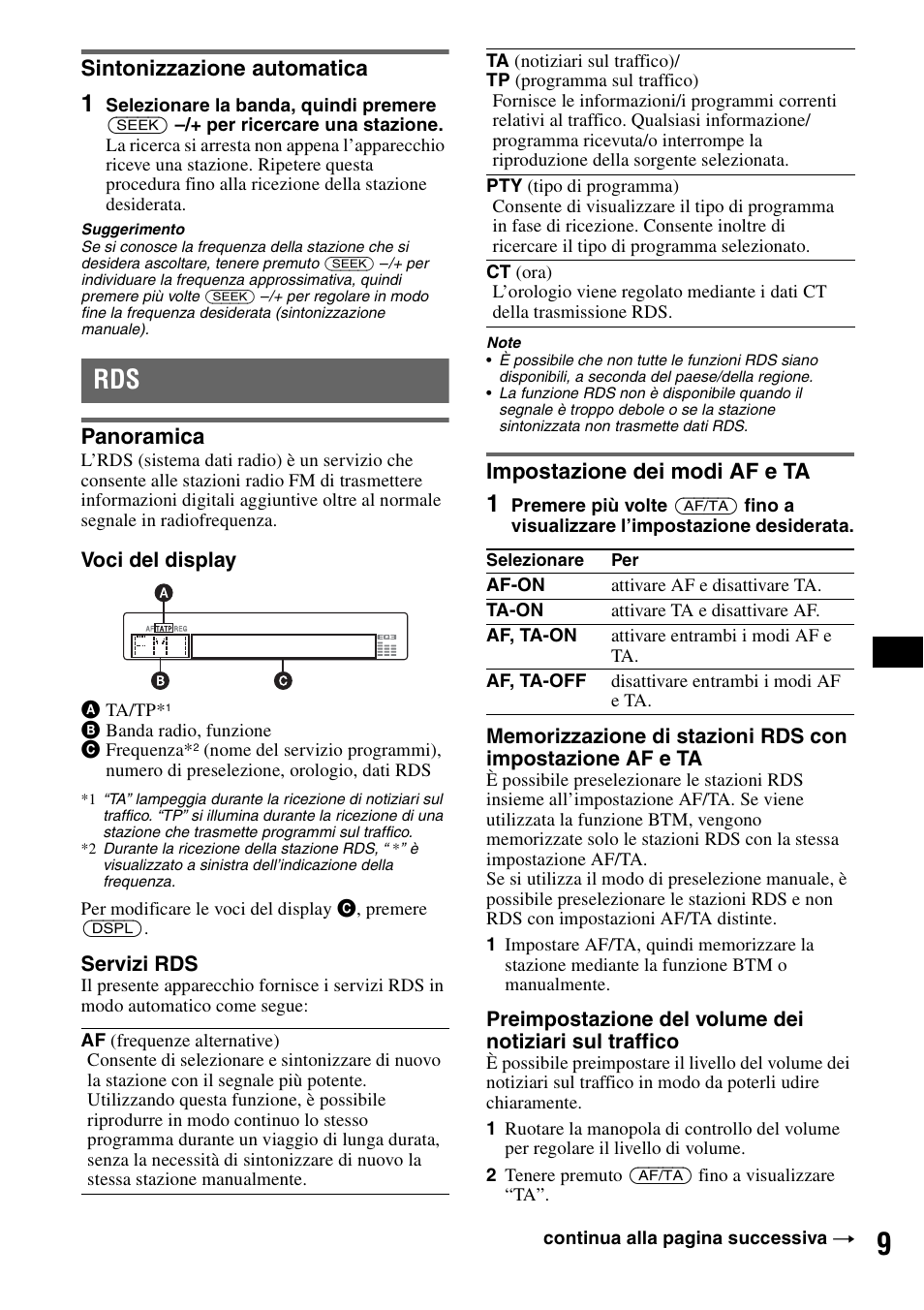 Sintonizzazione automatica, Panoramica, Impostazione dei modi af e ta | Panoramica impostazione dei modi af e ta | Sony CDX-GT50UI User Manual | Page 81 / 148