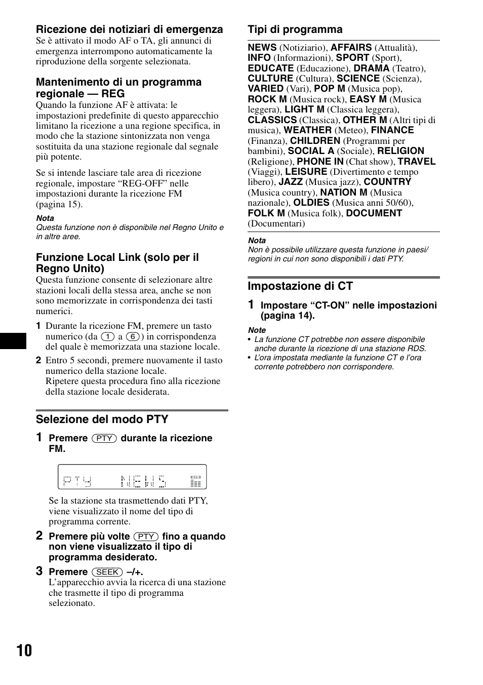 Selezione del modo pty, Impostazione di ct, Selezione del modo pty impostazione di ct | Sony CDX-GT50UI User Manual | Page 82 / 148