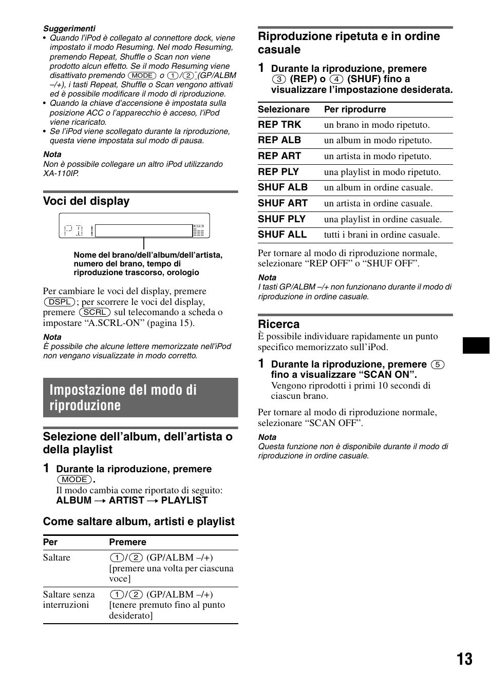 Voci del display, Impostazione del modo di riproduzione, Riproduzione ripetuta e in ordine casuale | Ricerca, Casuale ricerca | Sony CDX-GT50UI User Manual | Page 85 / 148