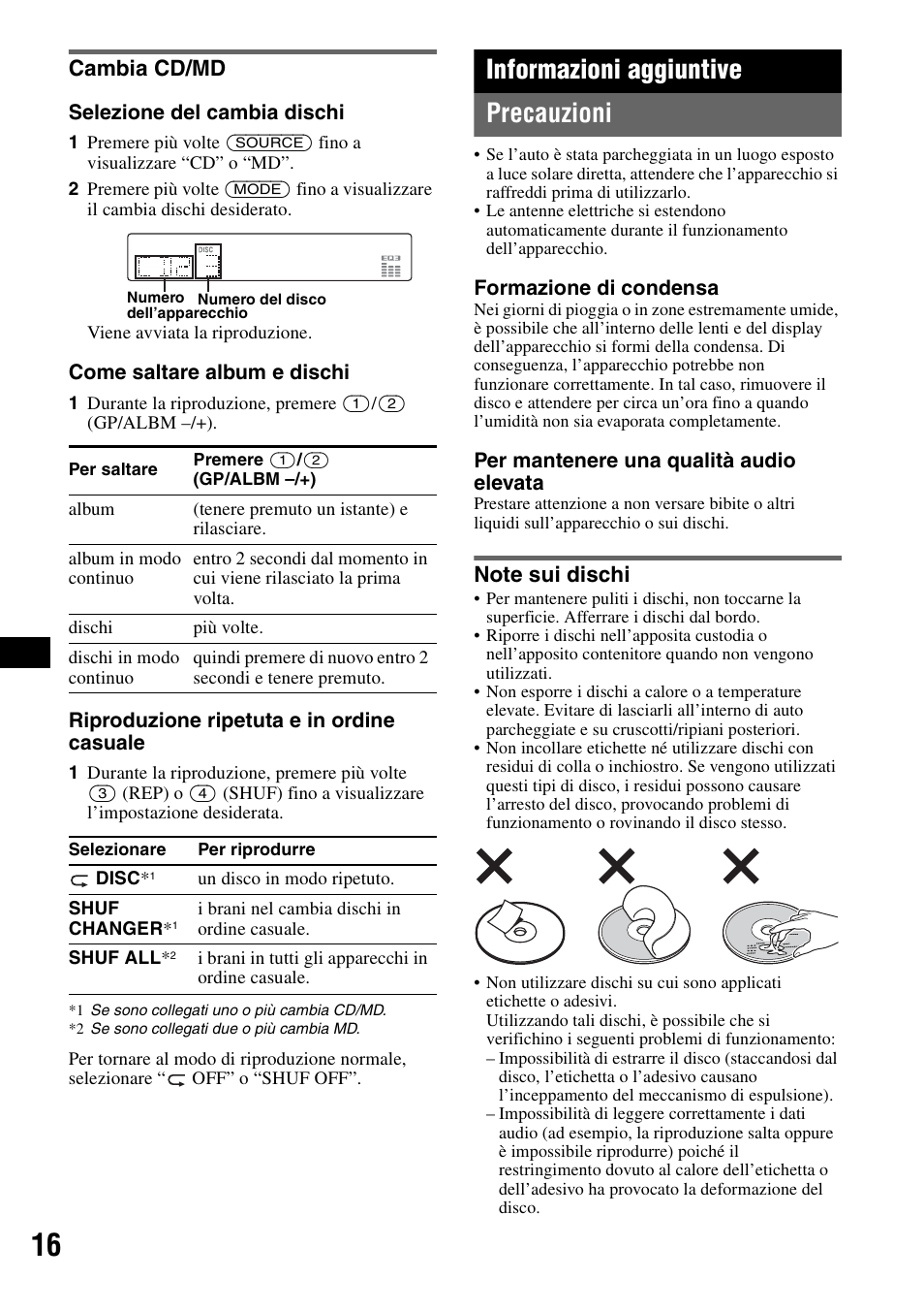 Cambia cd/md, Informazioni aggiuntive, Precauzioni | Note sui dischi, Informazioni aggiuntive precauzioni | Sony CDX-GT50UI User Manual | Page 88 / 148