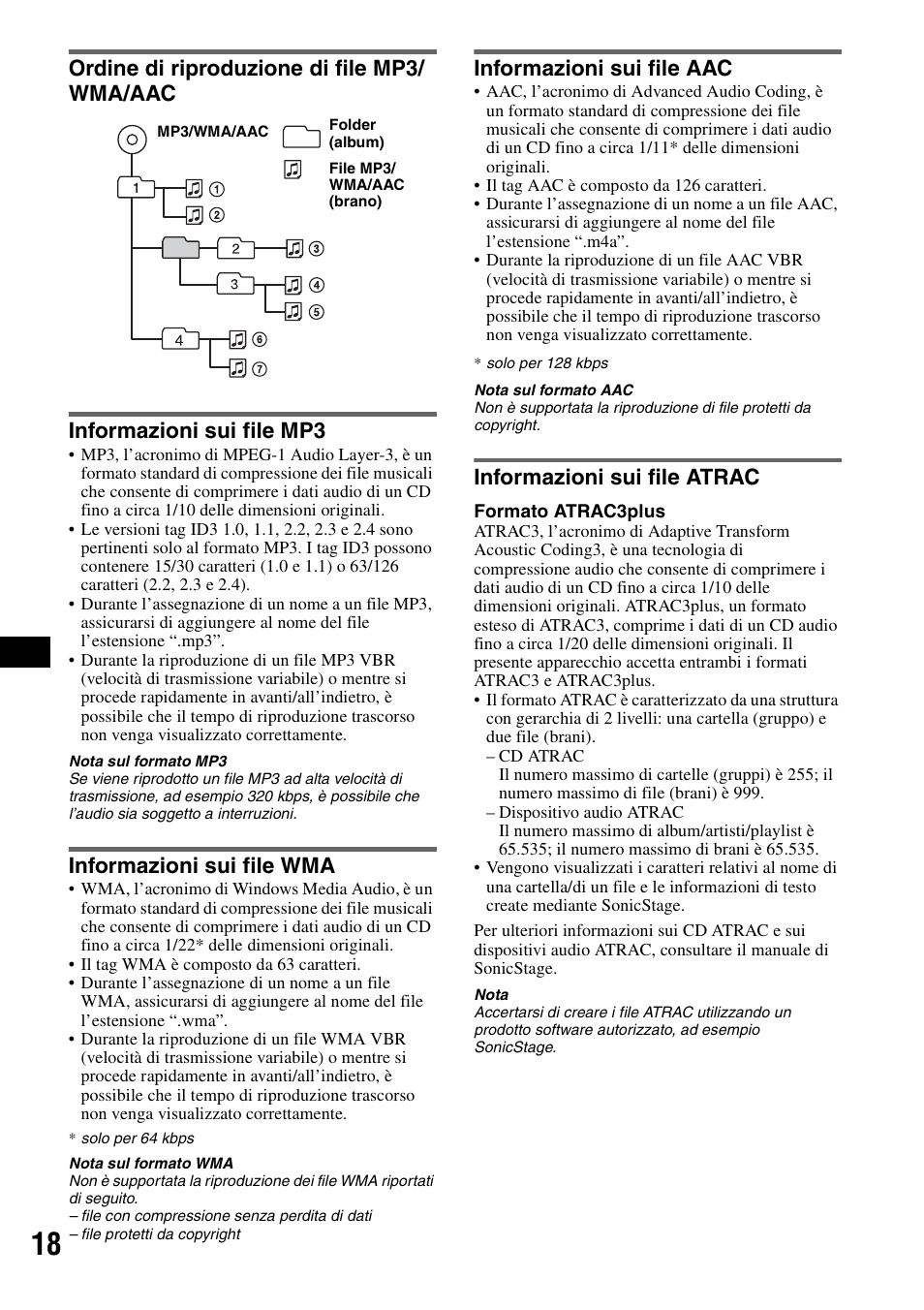 Ordine di riproduzione di file mp3/ wma/aac, Informazioni sui file mp3, Informazioni sui file wma | Informazioni sui file aac, Informazioni sui file atrac, Ordine di riproduzione di file | Sony CDX-GT50UI User Manual | Page 90 / 148