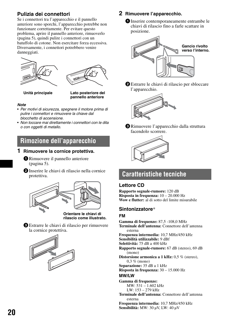 Rimozione dell’apparecchio, Caratteristiche tecniche | Sony CDX-GT50UI User Manual | Page 92 / 148