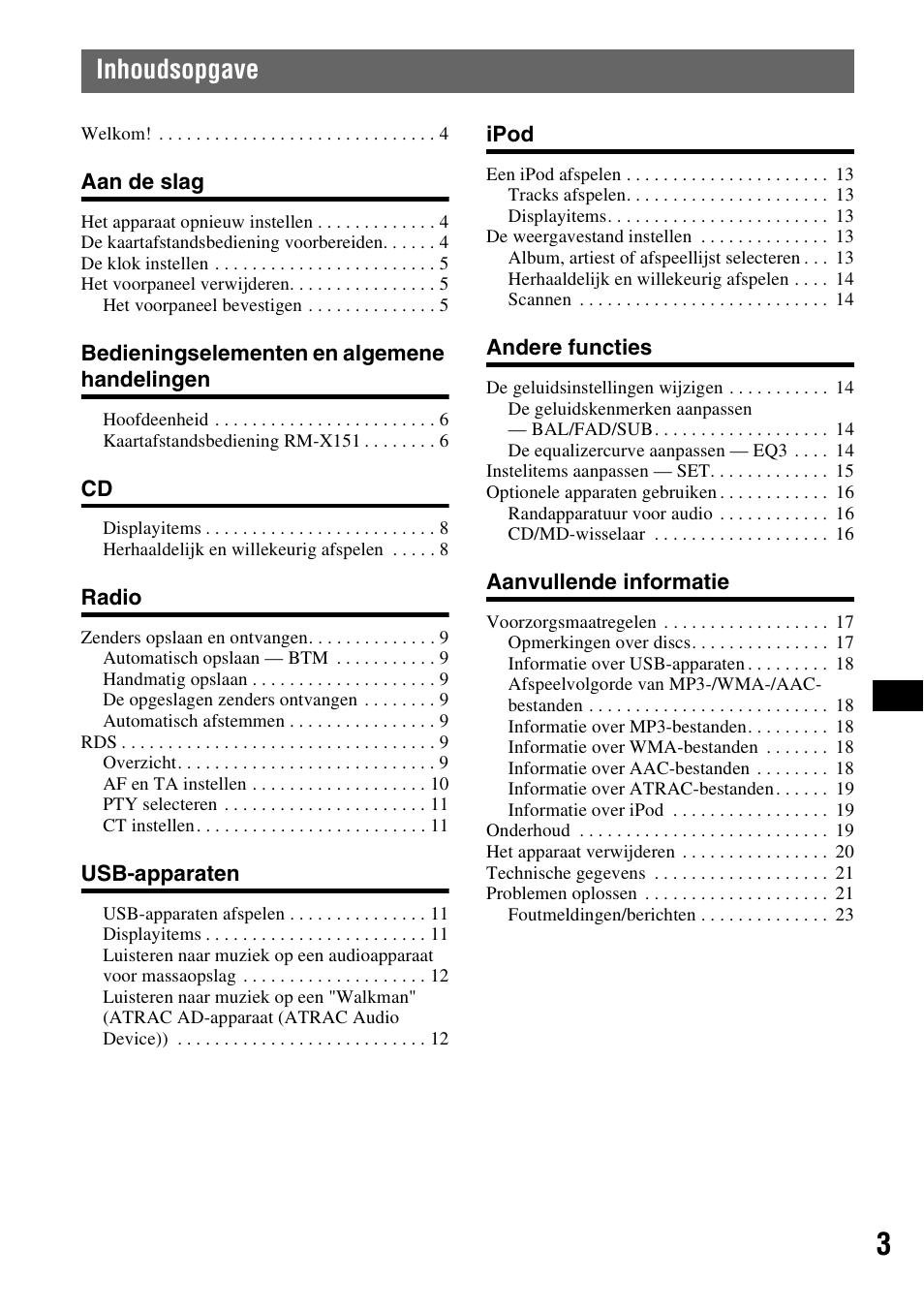 Inhoudsopgave | Sony CDX-GT50UI User Manual | Page 99 / 148