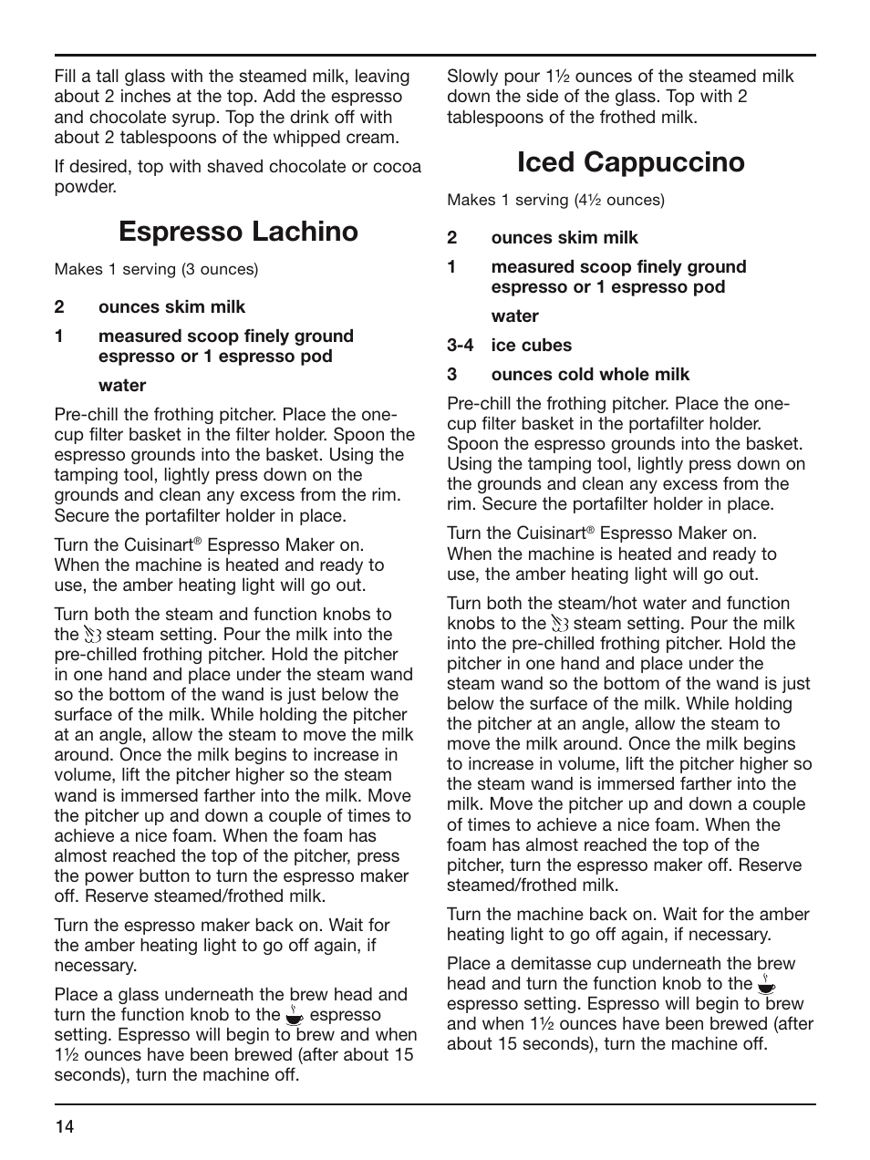 Espresso lachino, Iced cappuccino | Cuisinart EM-100 User Manual | Page 14 / 20