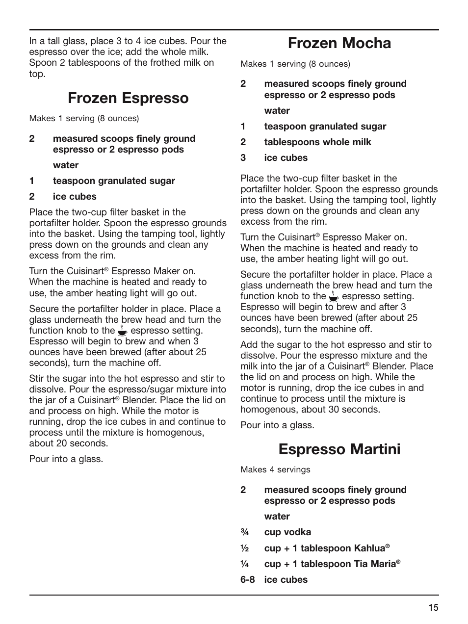 Frozen espresso, Frozen mocha, Espresso martini | Cuisinart EM-100 User Manual | Page 15 / 20