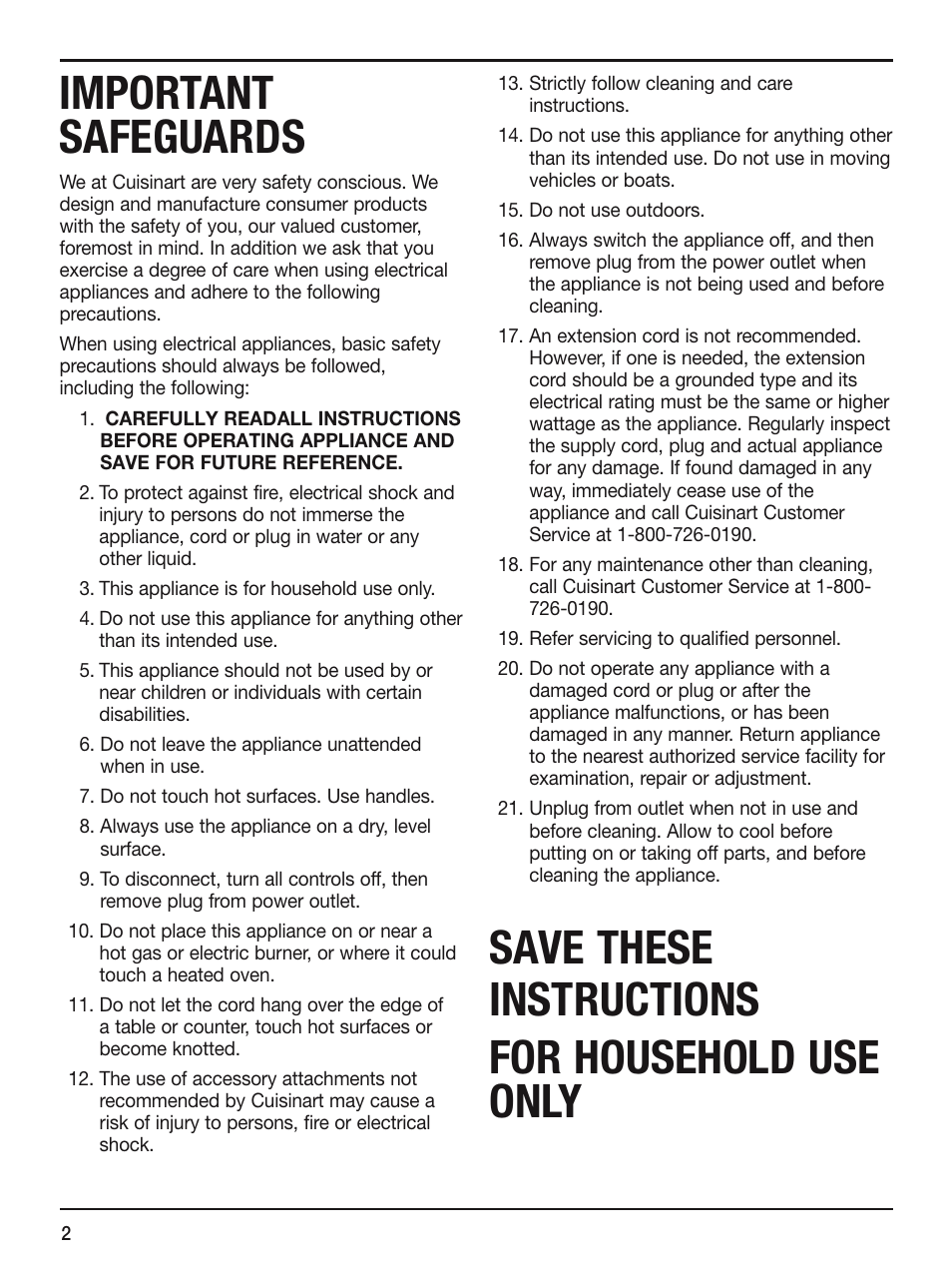 Important safeguards, Save these instructions for household use only | Cuisinart EM-100 User Manual | Page 2 / 20