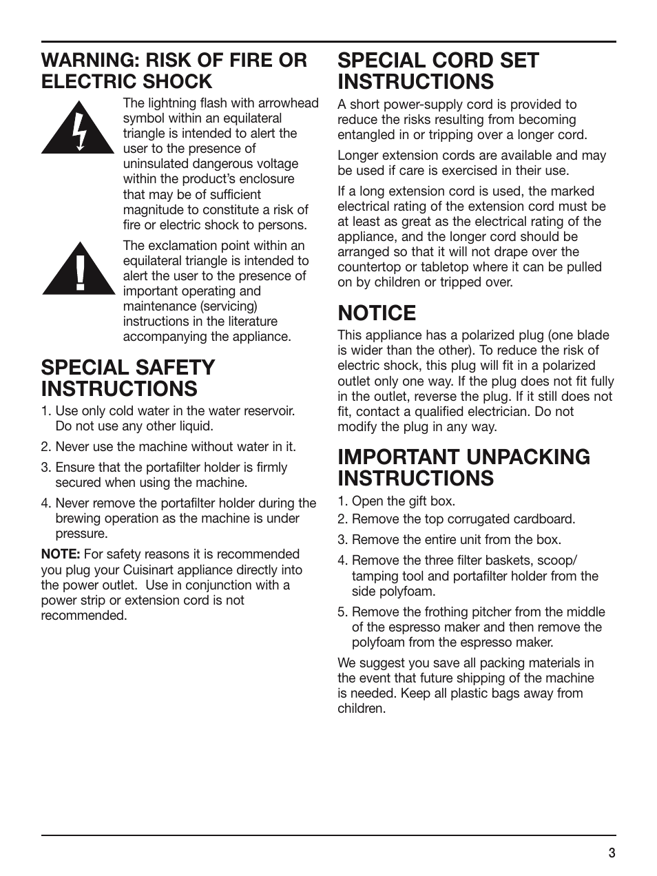 Special safety instructions, Special cord set instructions, Notice | Important unpacking instructions, Warning: risk of fire or electric shock | Cuisinart EM-100 User Manual | Page 3 / 20