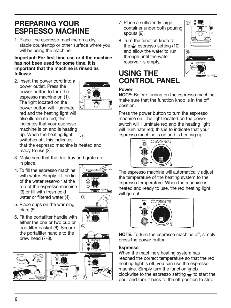 Preparing your espresso machine, Using the control panel | Cuisinart EM-100 User Manual | Page 6 / 20
