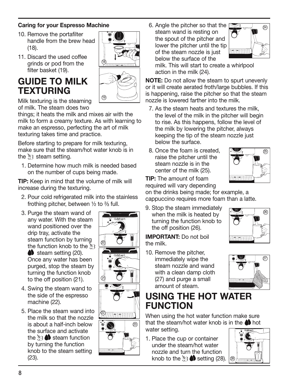 Guide to milk texturing, Using the hot water function | Cuisinart EM-100 User Manual | Page 8 / 20