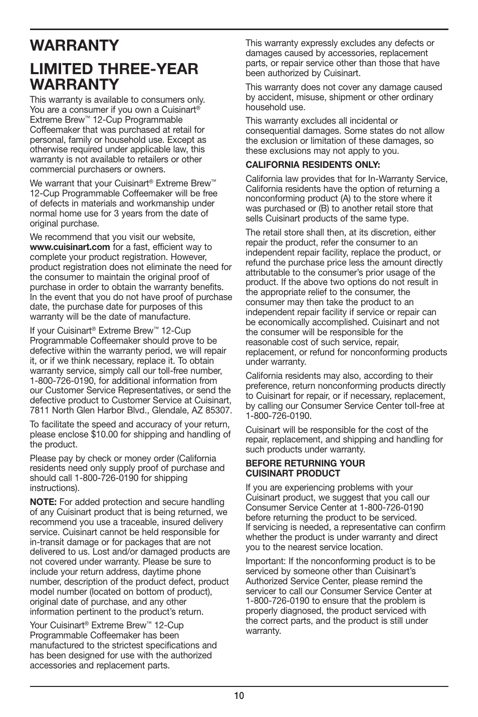 Warranty limited three-year warranty | Cuisinart DCC-2650 User Manual | Page 10 / 13