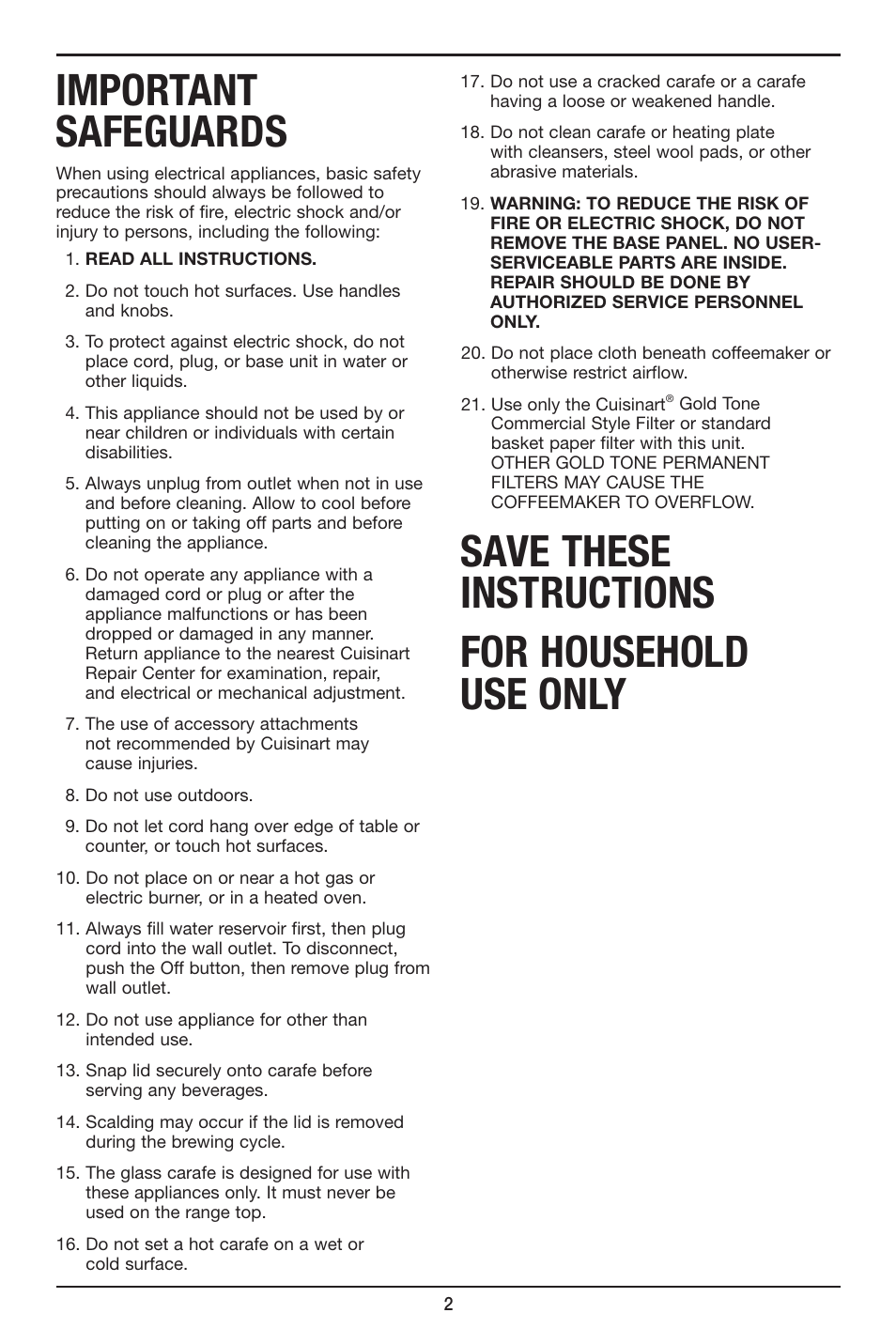 Important safeguards, Save these instructions for household use only | Cuisinart DCC-2650 User Manual | Page 2 / 13