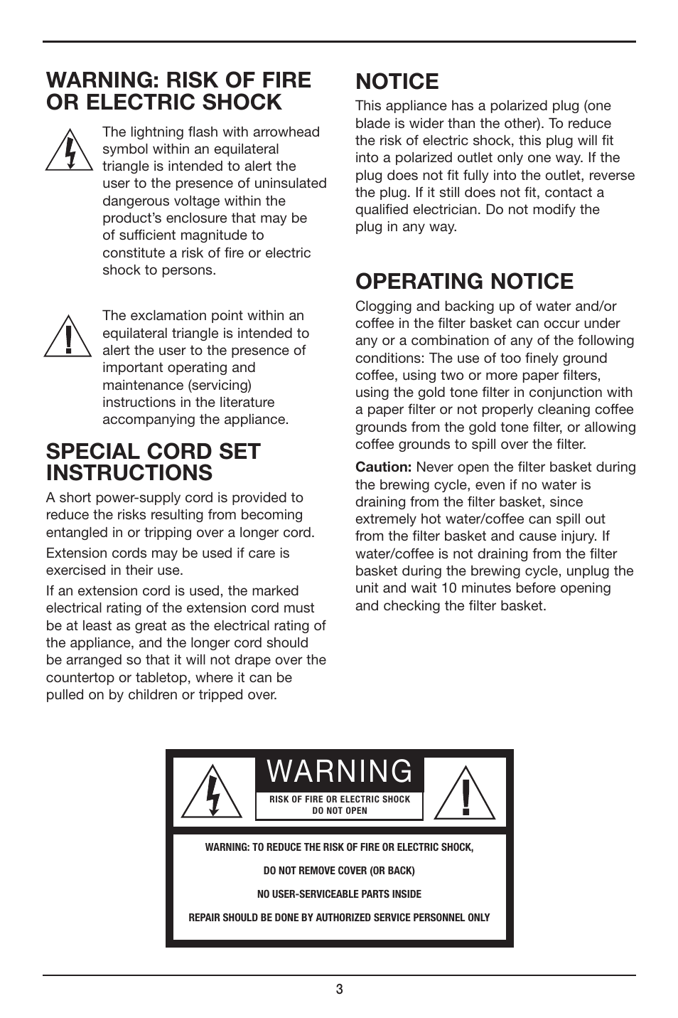 Warning, Warning: risk of fire or electric shock, Special cord set instructions | Notice, Operating notice | Cuisinart DCC-2650 User Manual | Page 3 / 13