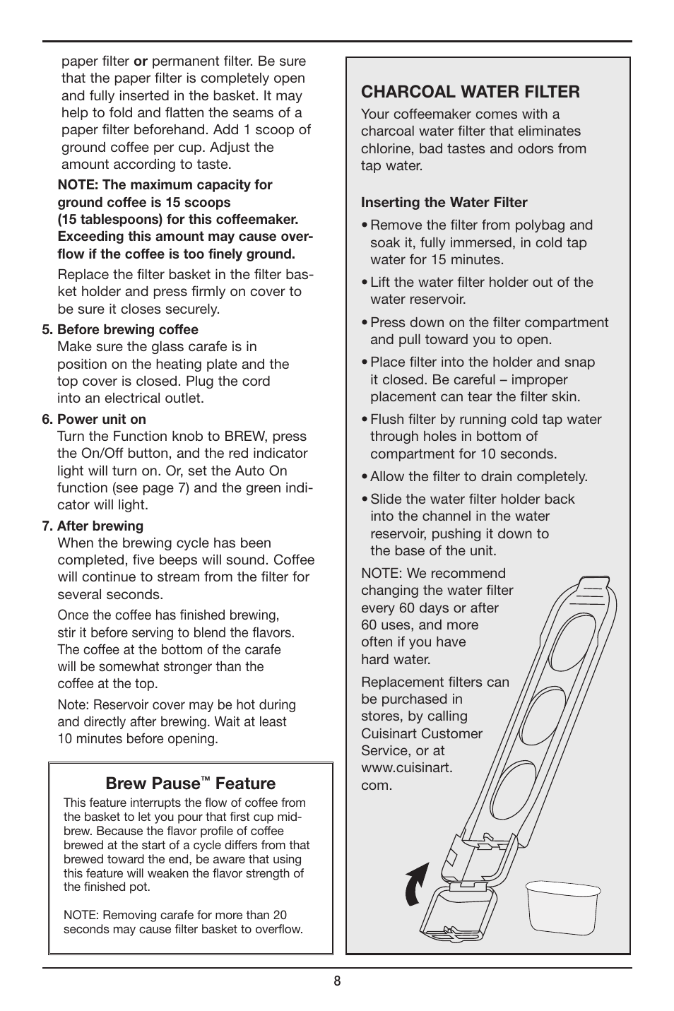 Charcoal water filter, Brew pause, Feature | Cuisinart DCC-2650 User Manual | Page 8 / 13