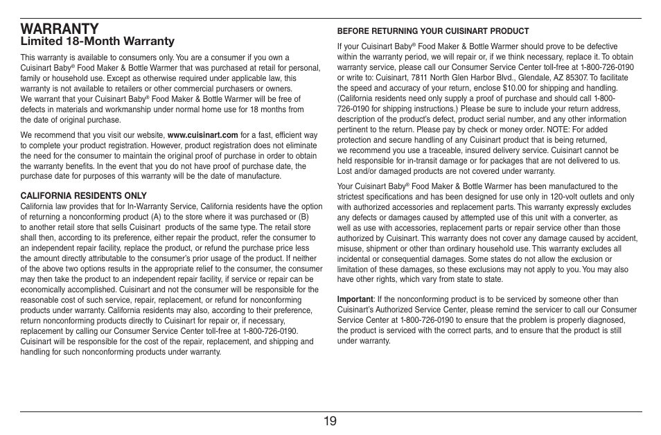 Warranty, Limited 18-month warranty | Cuisinart CUISNART BABY FOOD MAKER & BOTTLE WARMER BFM-1000 User Manual | Page 19 / 21