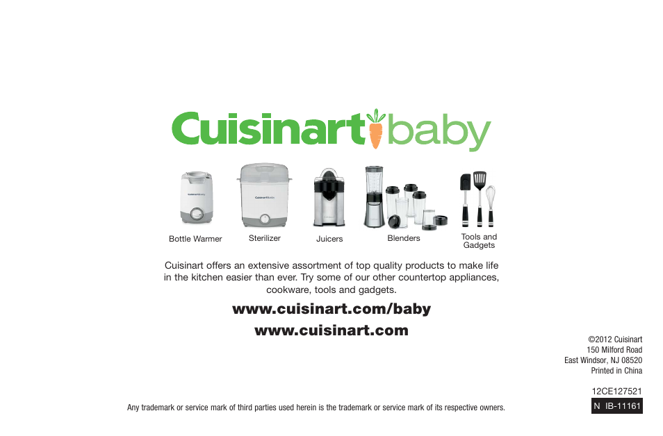 Cuisinart CUISNART BABY FOOD MAKER & BOTTLE WARMER BFM-1000 User Manual | Page 20 / 21