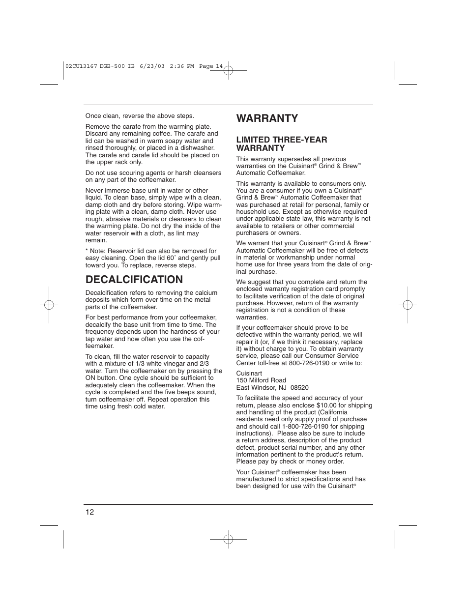 Decalcification, Warranty, Limited three-year warranty | Cuisinart DGB-500 User Manual | Page 13 / 15