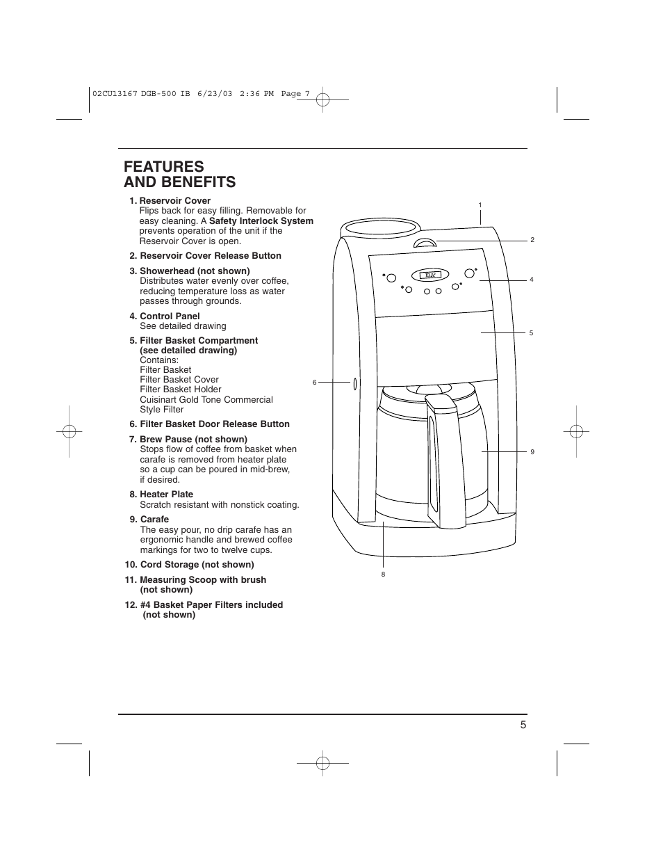 Features and benefits | Cuisinart DGB-500 User Manual | Page 6 / 15