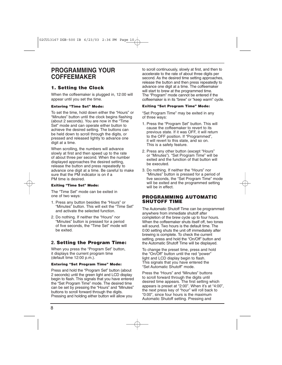 Programming your coffeemaker | Cuisinart DGB-500 User Manual | Page 9 / 15