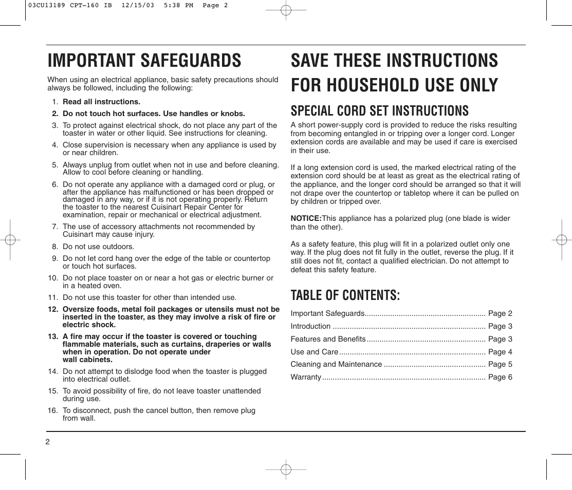 Cuisinart CPT-160 User Manual | Page 2 / 8