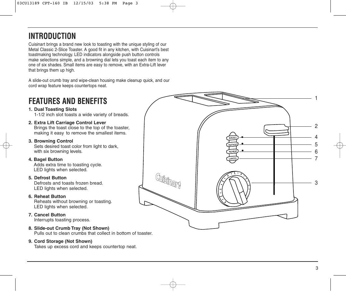 Introduction, Features and benefits | Cuisinart CPT-160 User Manual | Page 3 / 8