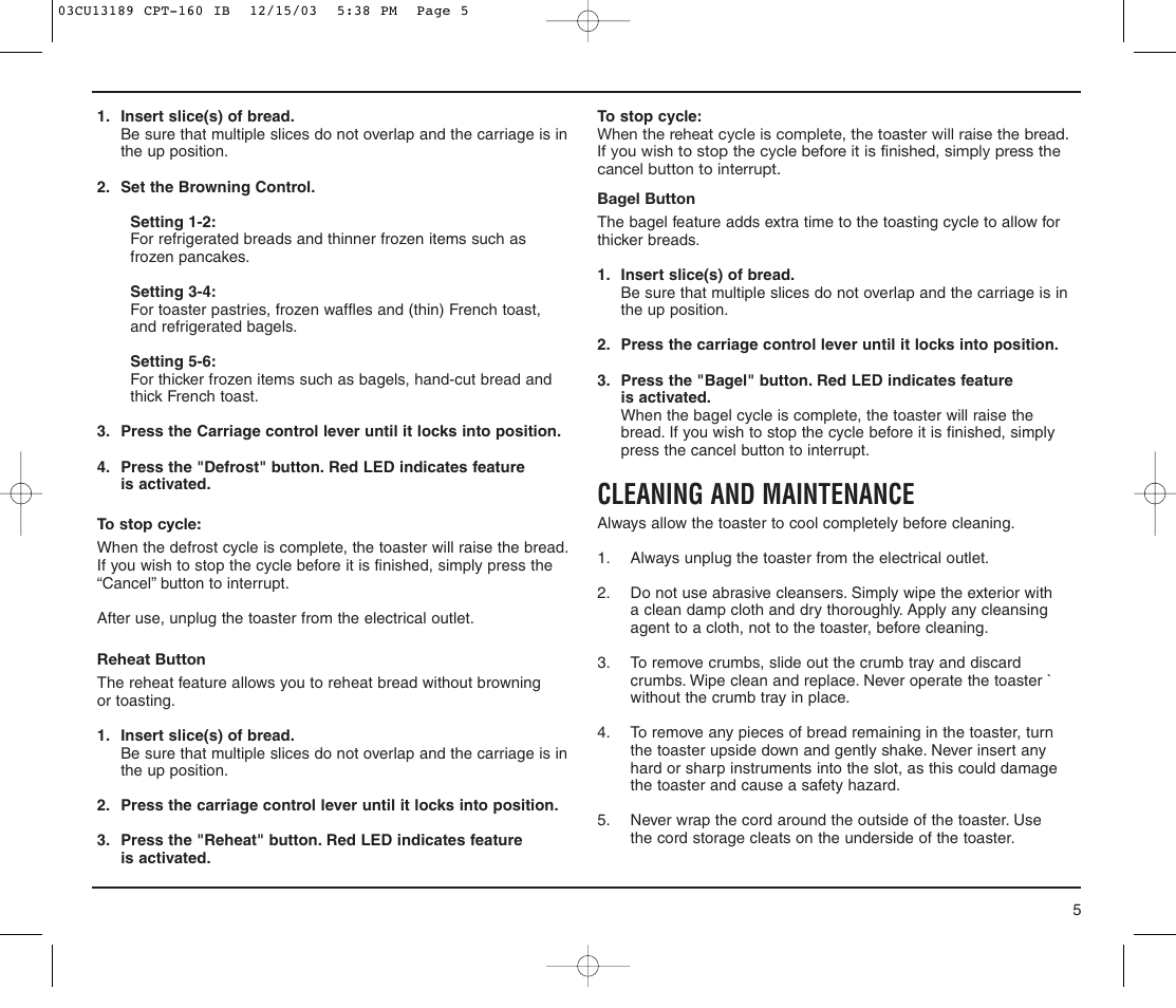 Cleaning and maintenance | Cuisinart CPT-160 User Manual | Page 5 / 8