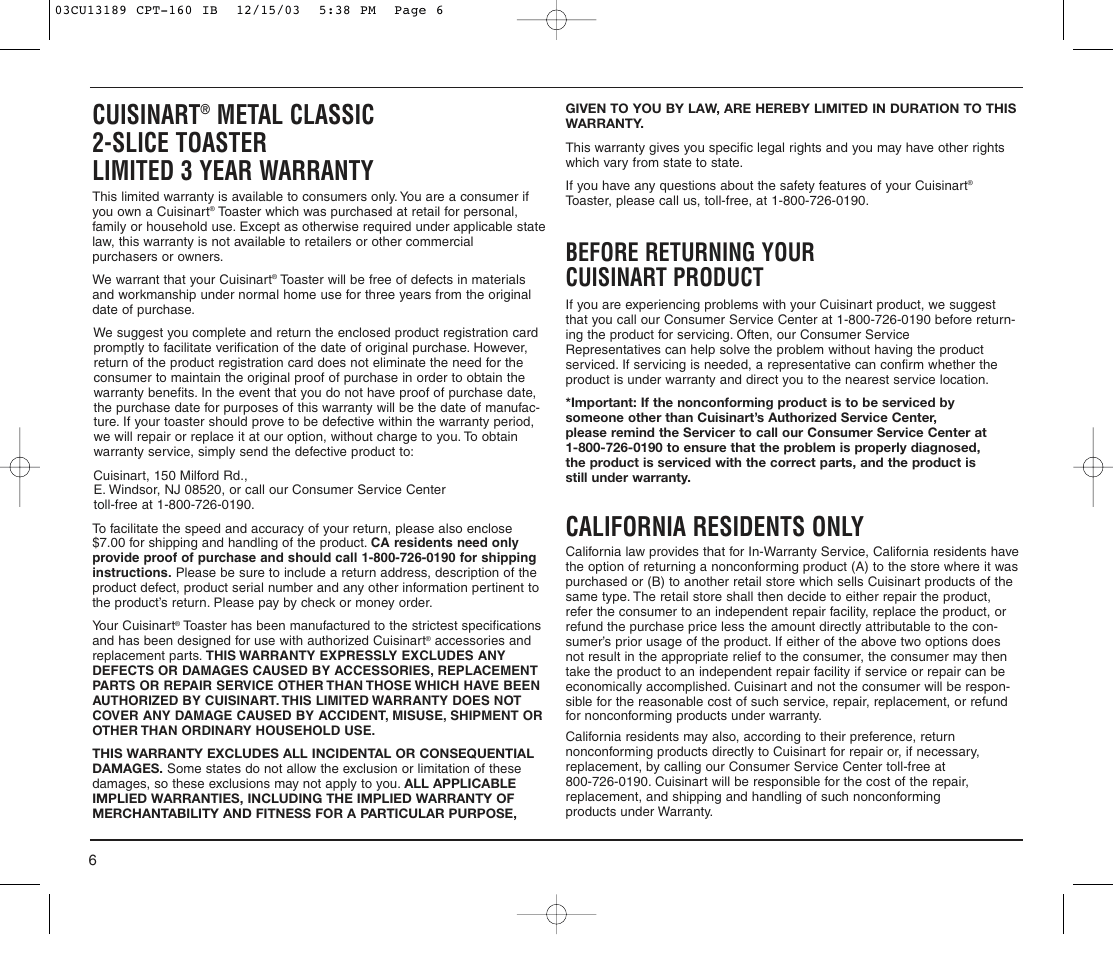 Cuisinart, California residents only, Before returning your cuisinart product | Cuisinart CPT-160 User Manual | Page 6 / 8