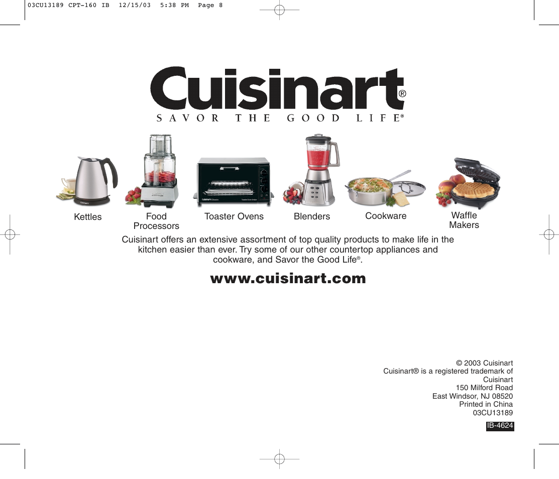 Cuisinart CPT-160 User Manual | Page 8 / 8