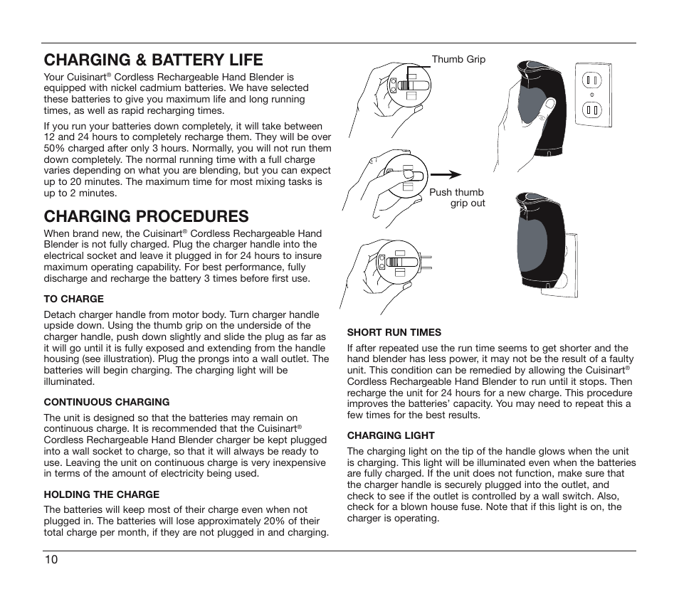 Charging & battery life, Charging procedures | Cuisinart CSB-78 User Manual | Page 10 / 13