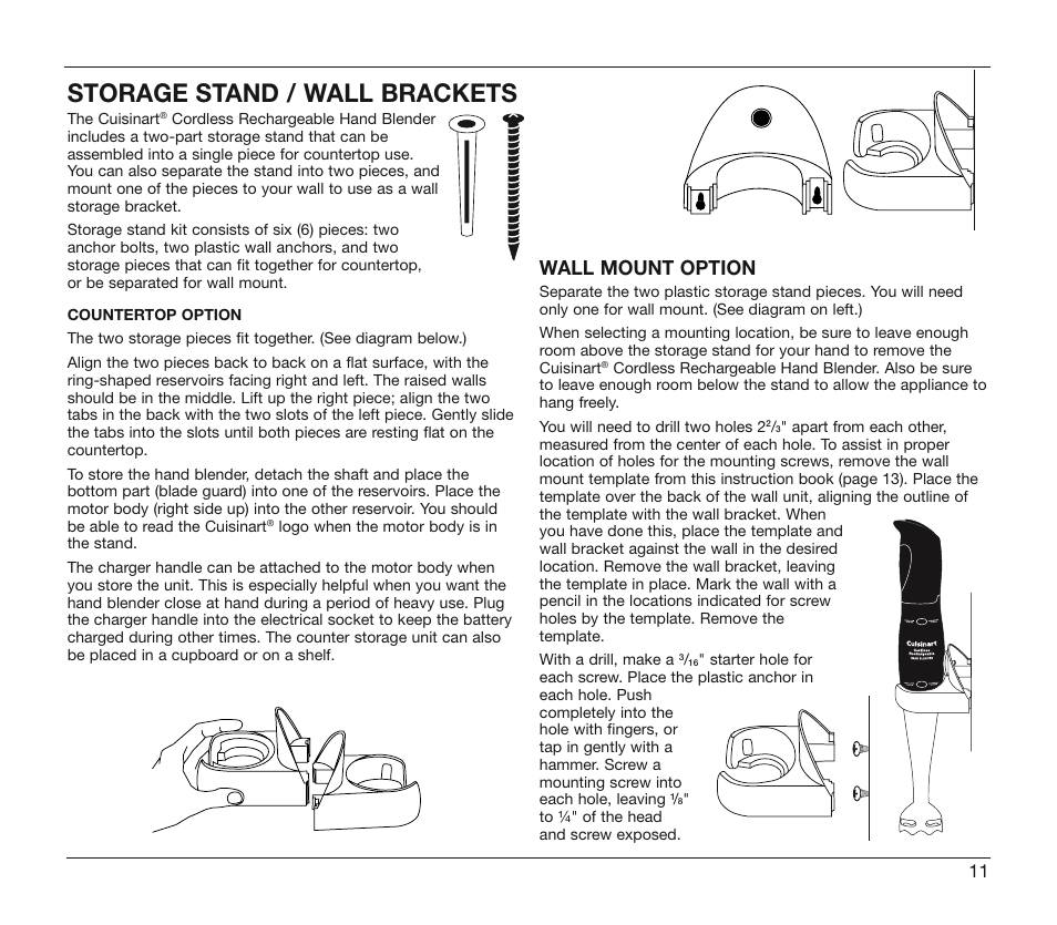 Storage stand / wall brackets, Wall mount option | Cuisinart CSB-78 User Manual | Page 11 / 13