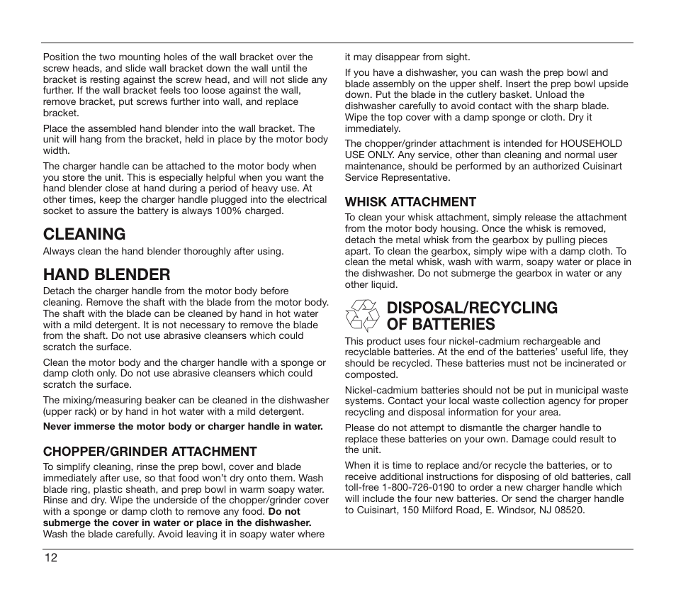Cleaning, Hand blender, Disposal/recycling of batteries | Cuisinart CSB-78 User Manual | Page 12 / 13