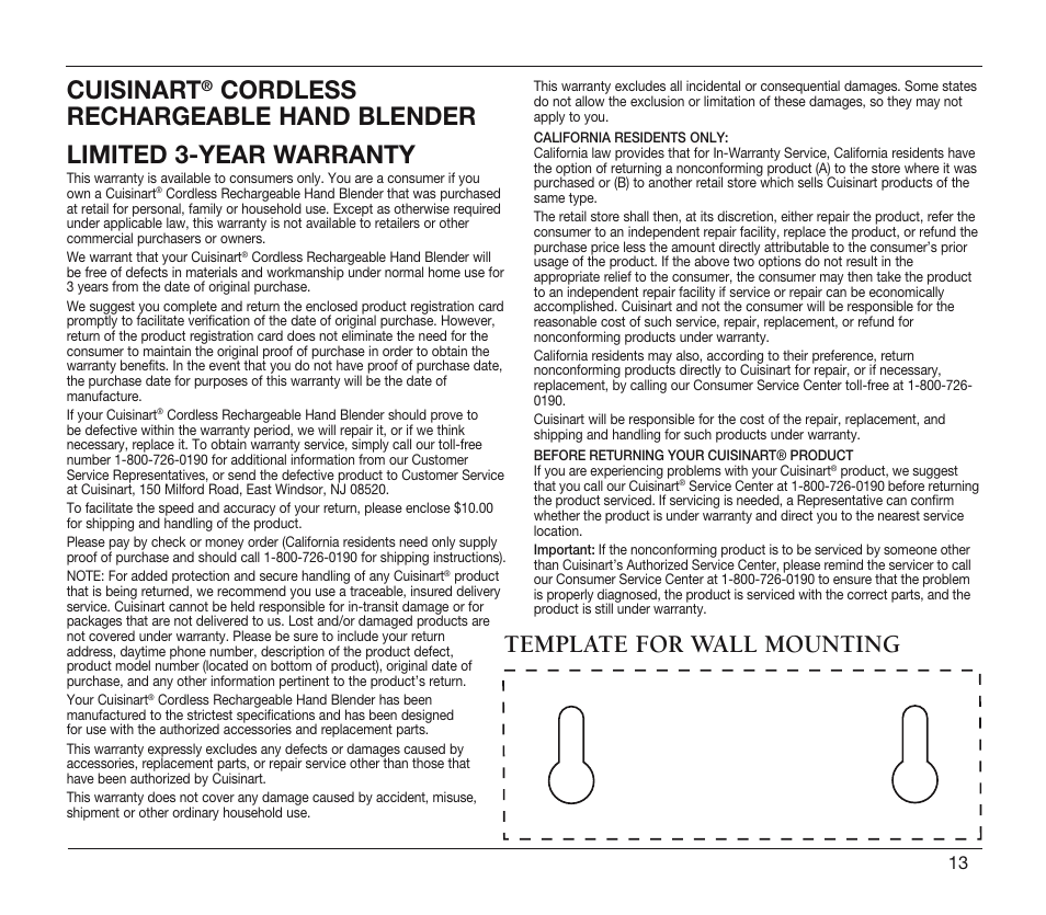 Cuisinart, Template for wall mounting | Cuisinart CSB-78 User Manual | Page 13 / 13